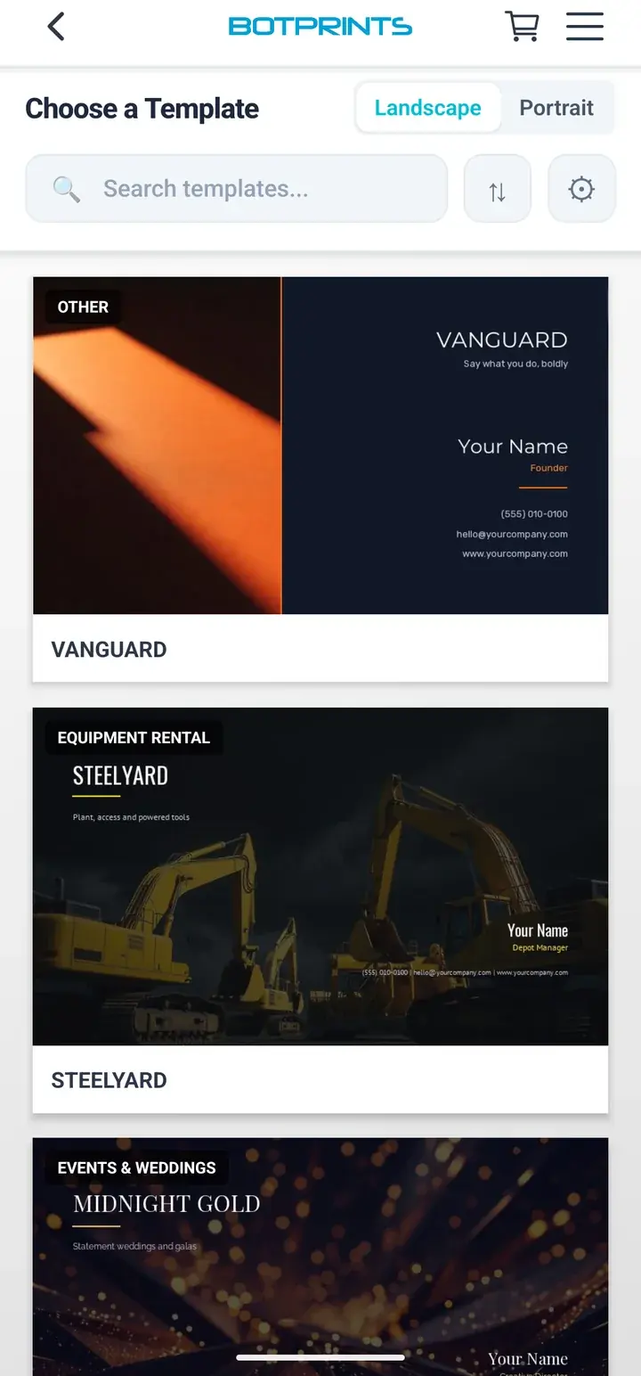 BotPrints template gallery showing professionally designed business cards to start from